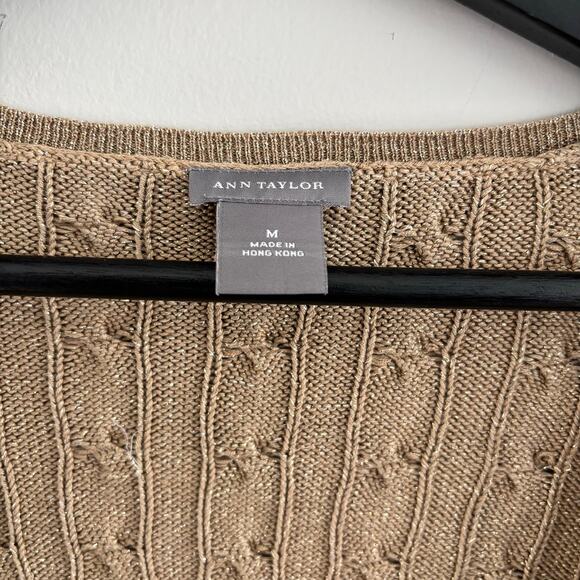 Ann Taylor Cable Knit Silk Blend Wrap V Neck Sweater in Metallic Gold Size M - Picture 3 of 7